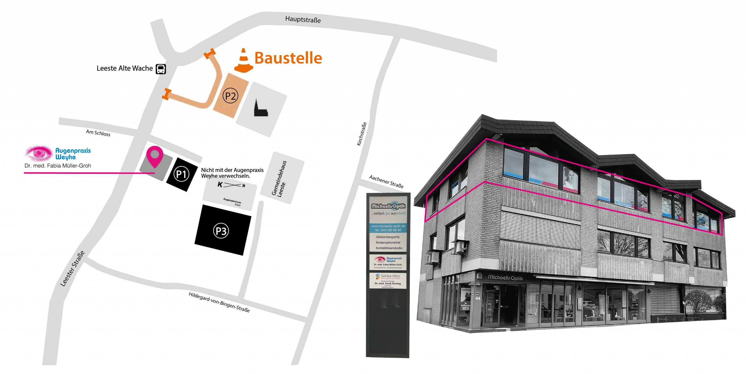 Anfahrtsskizze zur Augenpraxis Weyhe, direkte Zufahrt über Leester Straße möglich, alternativ über Kirchstraße & Hildegard-von-Bingen-Straße zu Parkplatz P3; Parkplatz 2 ist gesperrt